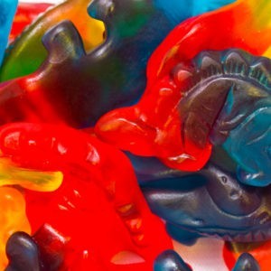 A bunch of different colored Gummy Dinosaurs from Jenkinson's Sweet Shop.