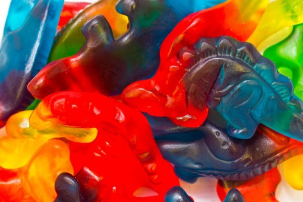 A bunch of different colored Gummy Dinosaurs from Jenkinson's Sweet Shop.