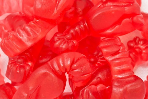 A bunch of red Gummy Lobsters from Jenkinson's Sweet Shop.
