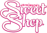 A pink and white logo from Jenkinson's Sweet Shop.