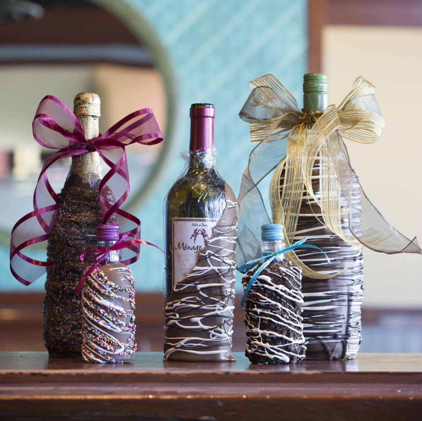 A display of chocolate dipped wine bottles from Jenkinson's Sweet Shop.