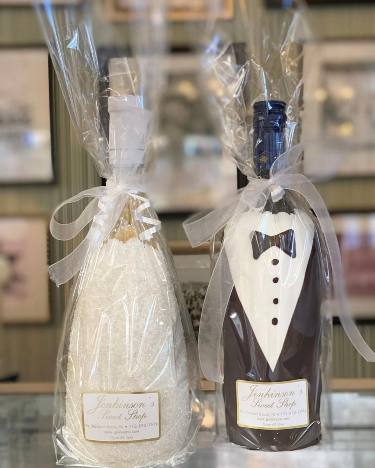 Bride and Groom themed chocolate covered wine bottles.