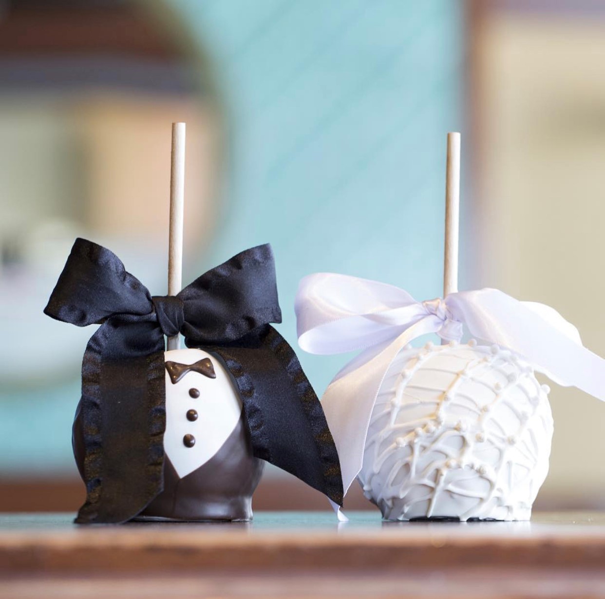 Bride and Groom chocolate covered apples from Jenkinson's Sweet Shop. 