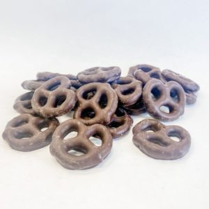 Nut free dark chocolate mini pretzels.