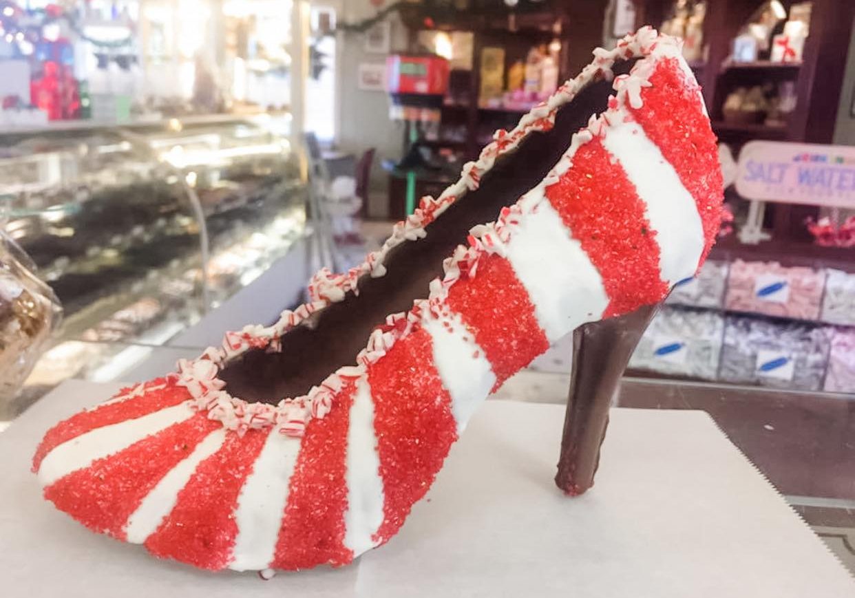 A candy cane inspired chocolate high heel.