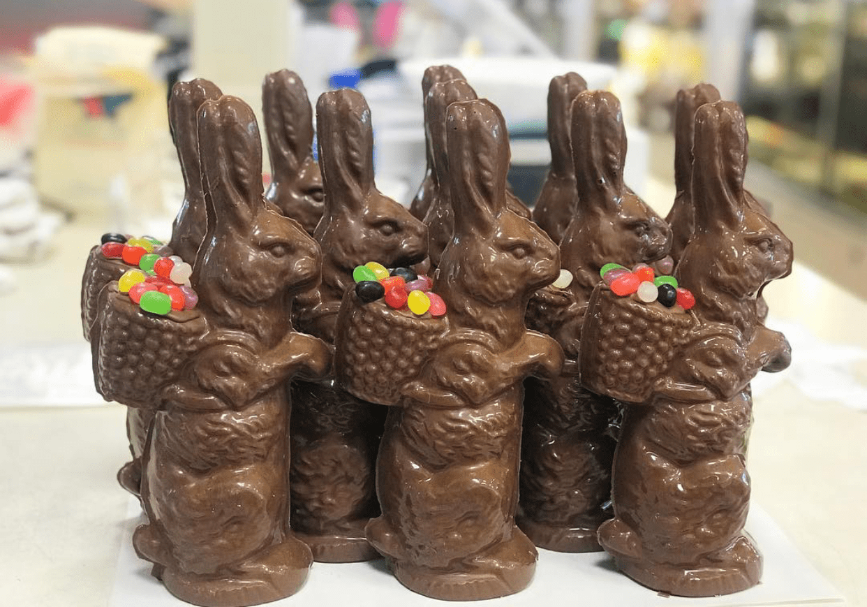 A tray of homemade hallow milk chocolate bunnies at Jenkinson's Sweet Shop.