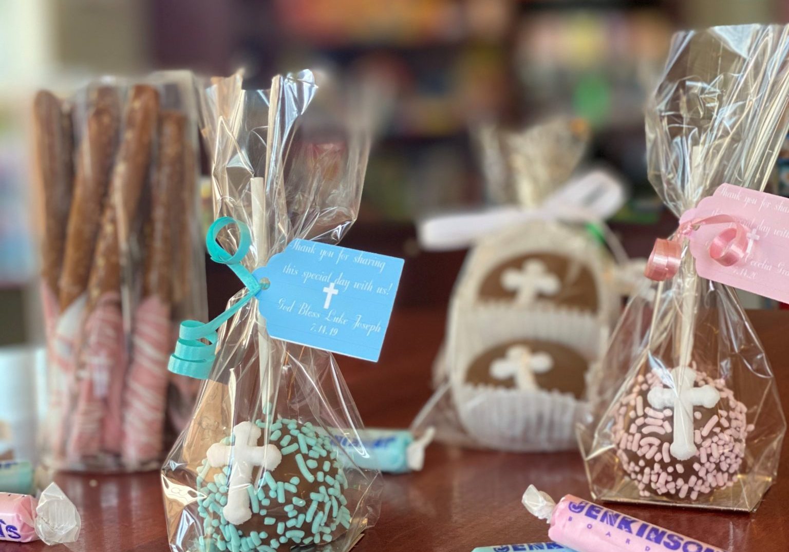 An assortment of baptism and communion favors from Jenkinson's Sweet Shop.