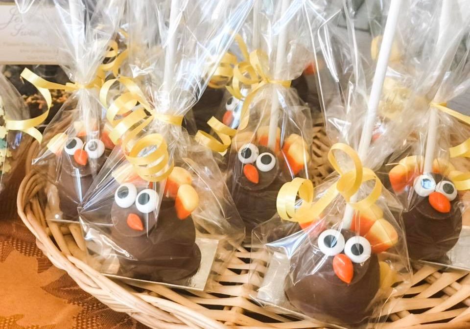 A platter of individually wrapped turkey cake pops.