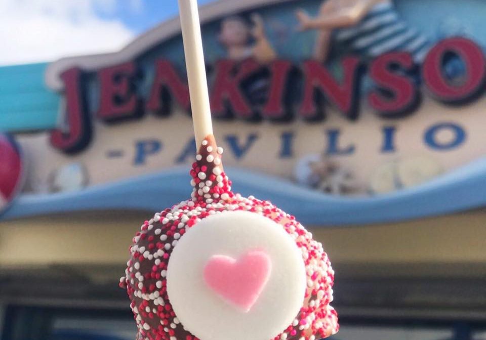 A Valentine's day cake pop being displayed in front of Jenkinson's Pavilion Restaurant.