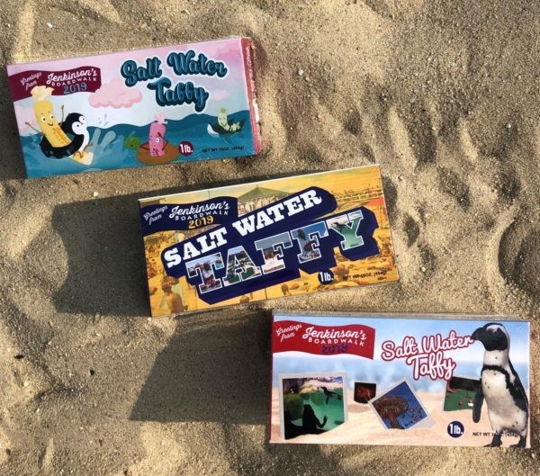 Jenkinson's Salt Water Taffy souvenir boxes in the sand at Jenkinson's.