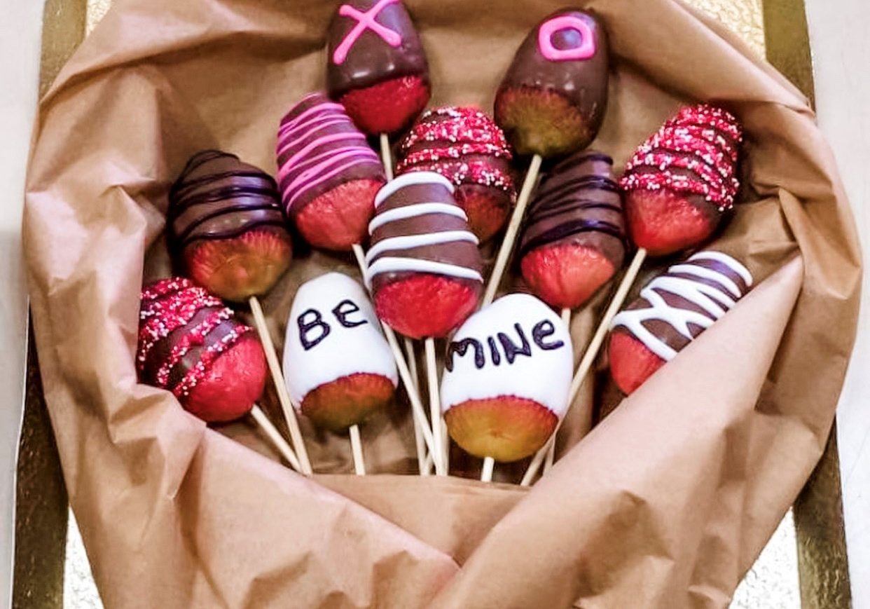 A "bouquet" of assorted chocolate dipped strawberries.