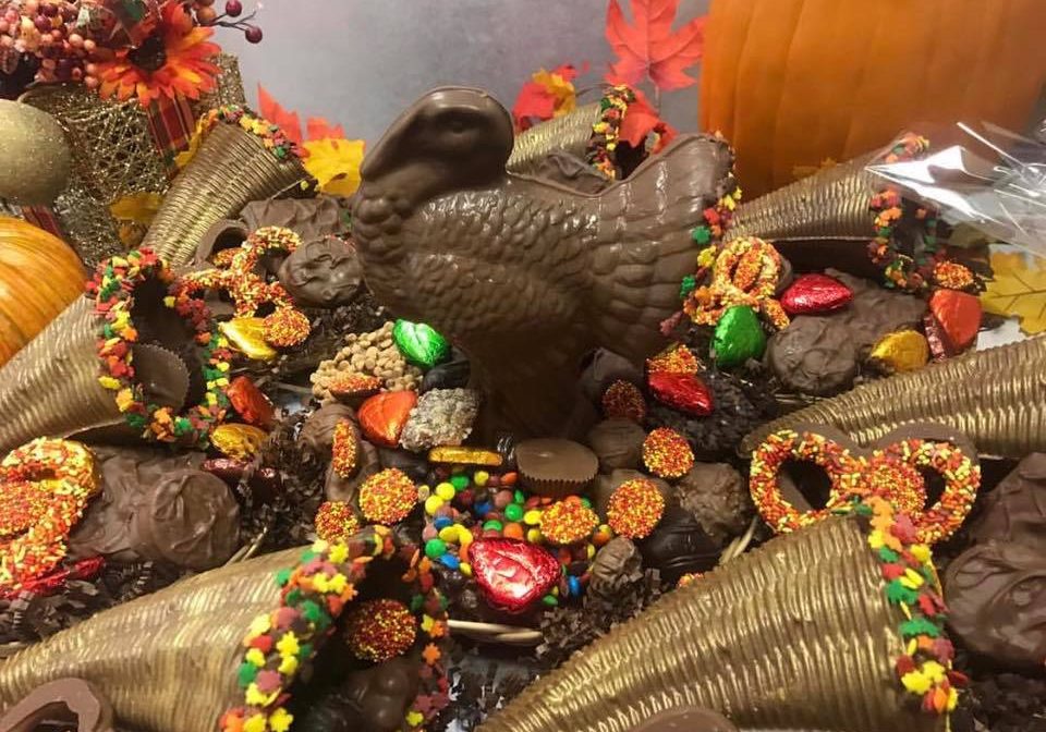 A bunch of gold "painted" and stuffed edible cornucopia platters.