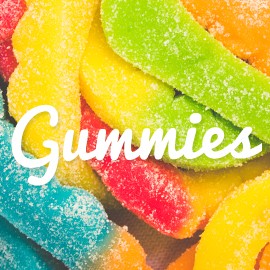 A picture of the word "Gummies" with gummy worms in the background.