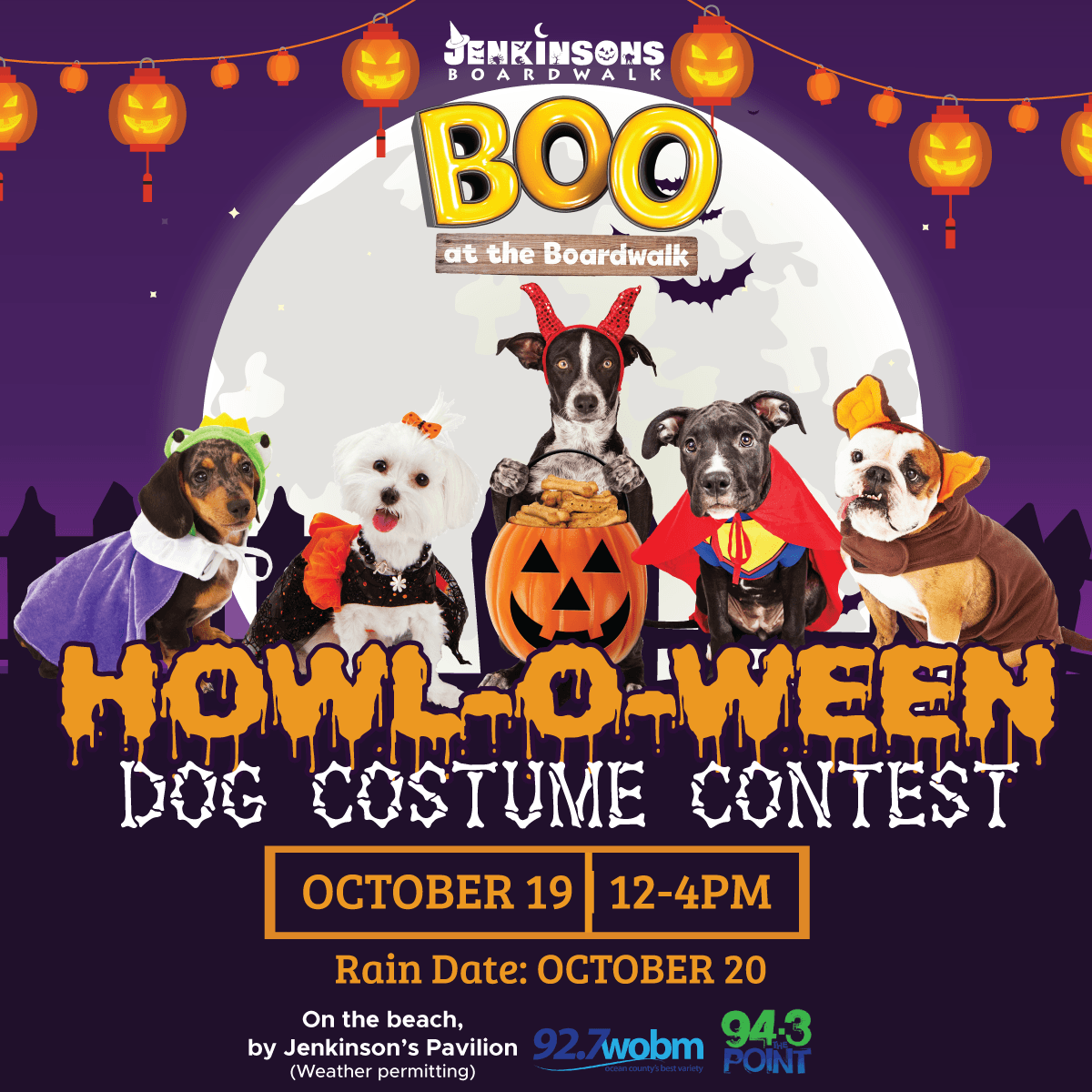 Jenkinson's Boo at the Boardwalk Howl-O-Ween Dog Costume Contest, Oct 19 12-4pm. Raindate is Oct 20.