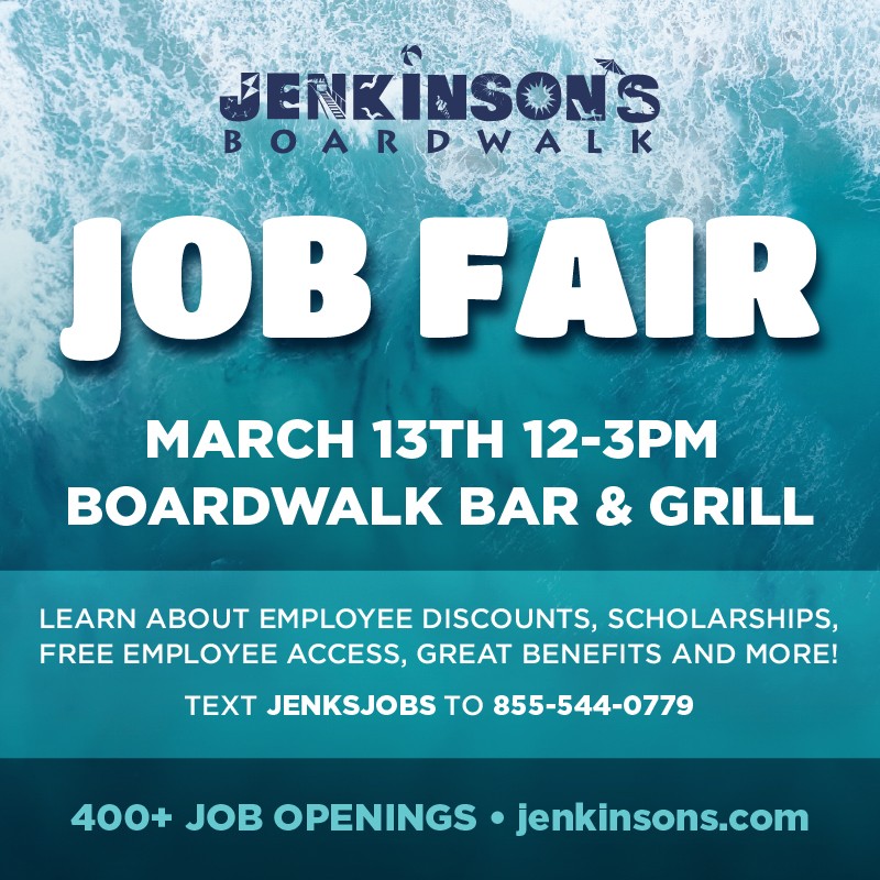 Jenkinson's Boardwalk Job Fair. March 13th from 12 to 3pm at The Boardwalk Bar & Grill.