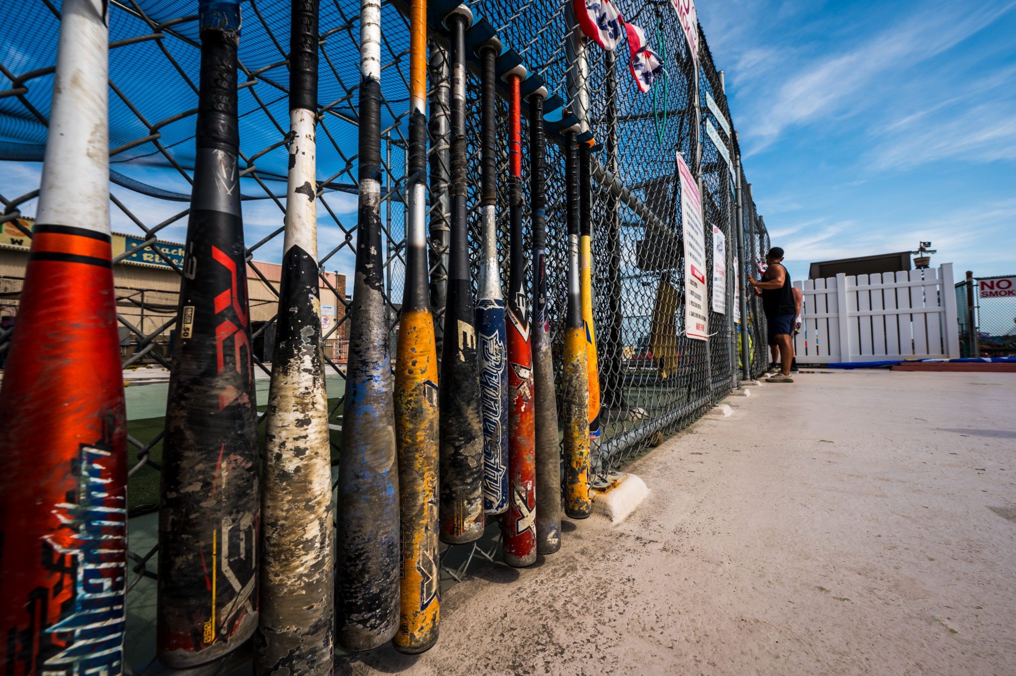 Bats lined up at batting cages located at Jenkinson's Boardwalk