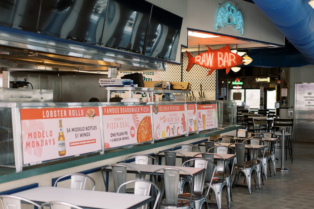 Downstairs raw bar and fast food section at boardwalk bar and grill