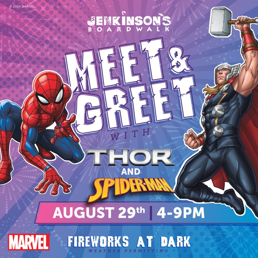 jenkinsons boardwalk marvel superhero meet & gteet with thor and spider-man on august 29th from 4-9pm