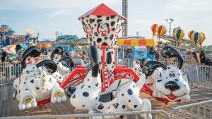 Black and White dog car rides aka the Doggie Dash ride at Jenkinson's Boardwalk