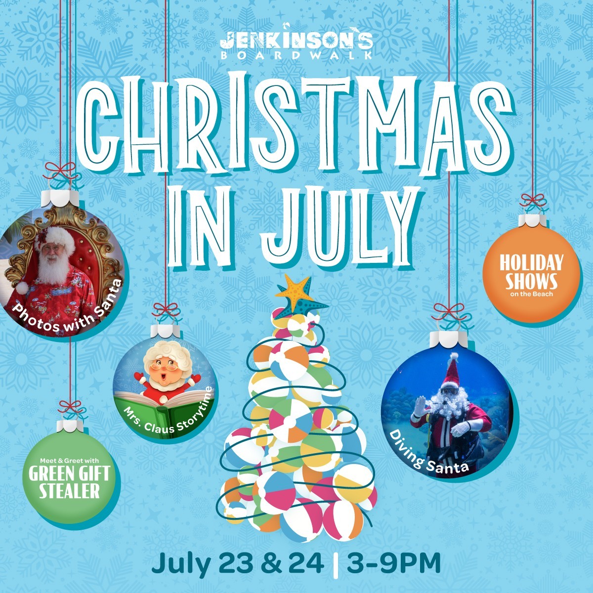 Christmas in july at jenkinsons boardwalk on july 23rd and 24 from 4-9pm