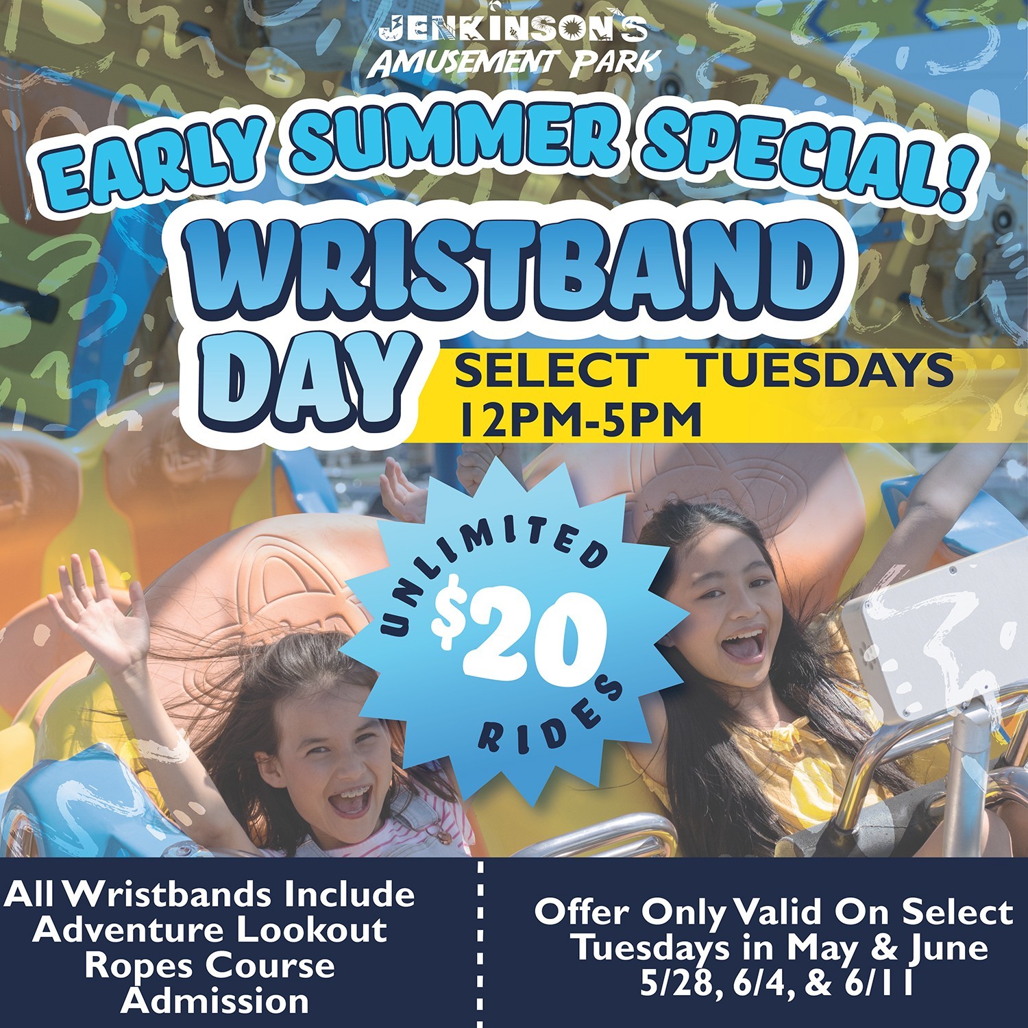 Flyer for early summer special wristband day, featuring colorful design and discount details.