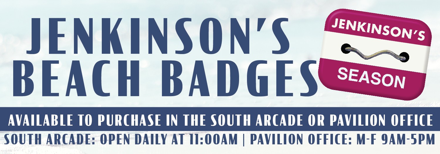 Banner promoting Jenkinson’s Beach Badges with purchase locations and office hours.