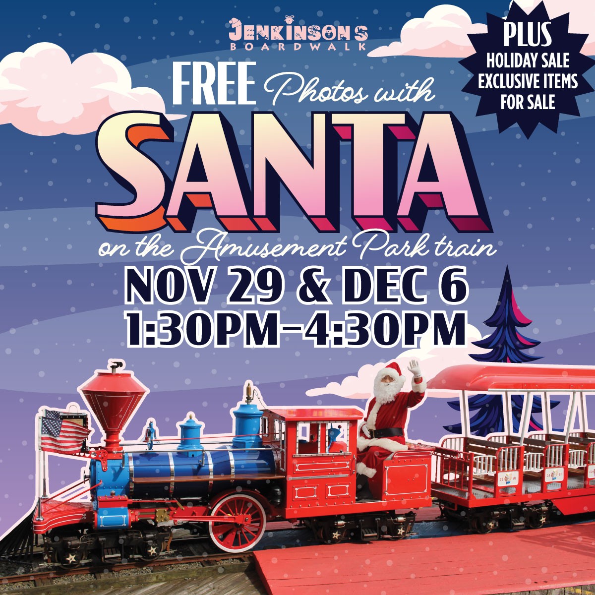 Free Photos with Santa on the Amusement Park Train at Jenkinson’s Boardwalk in Point Pleasant Beach