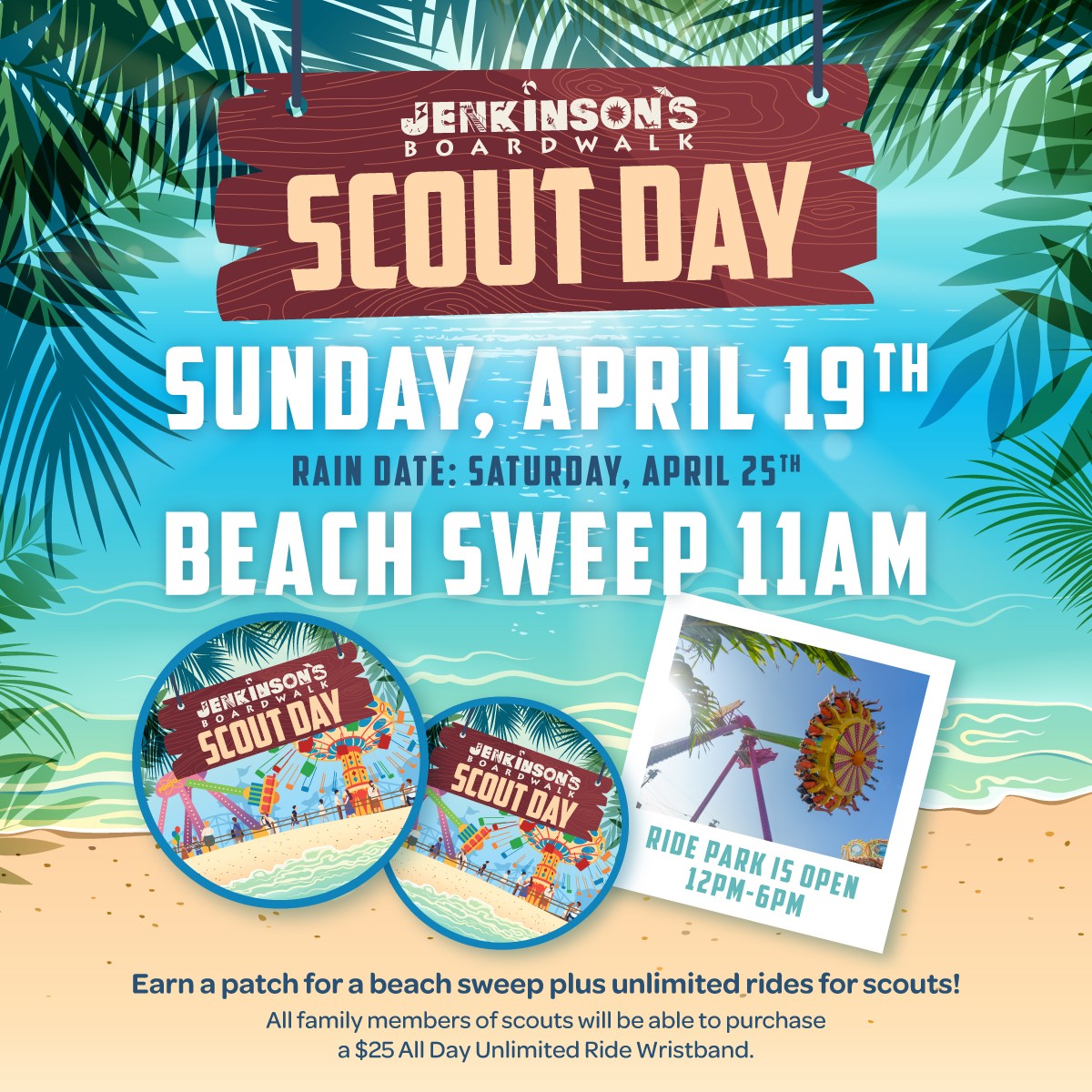 Jenkinson’s Boardwalk Scout Day graphic with beach theme, April 19, beach sweep at 11am, and ride park open 12pm–6pm.