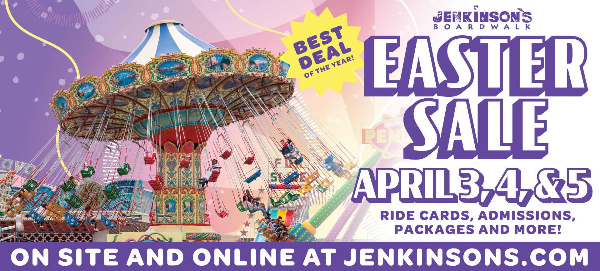 Jenkinson’s Boardwalk Easter Sale graphic with swing ride and April 3–5 dates