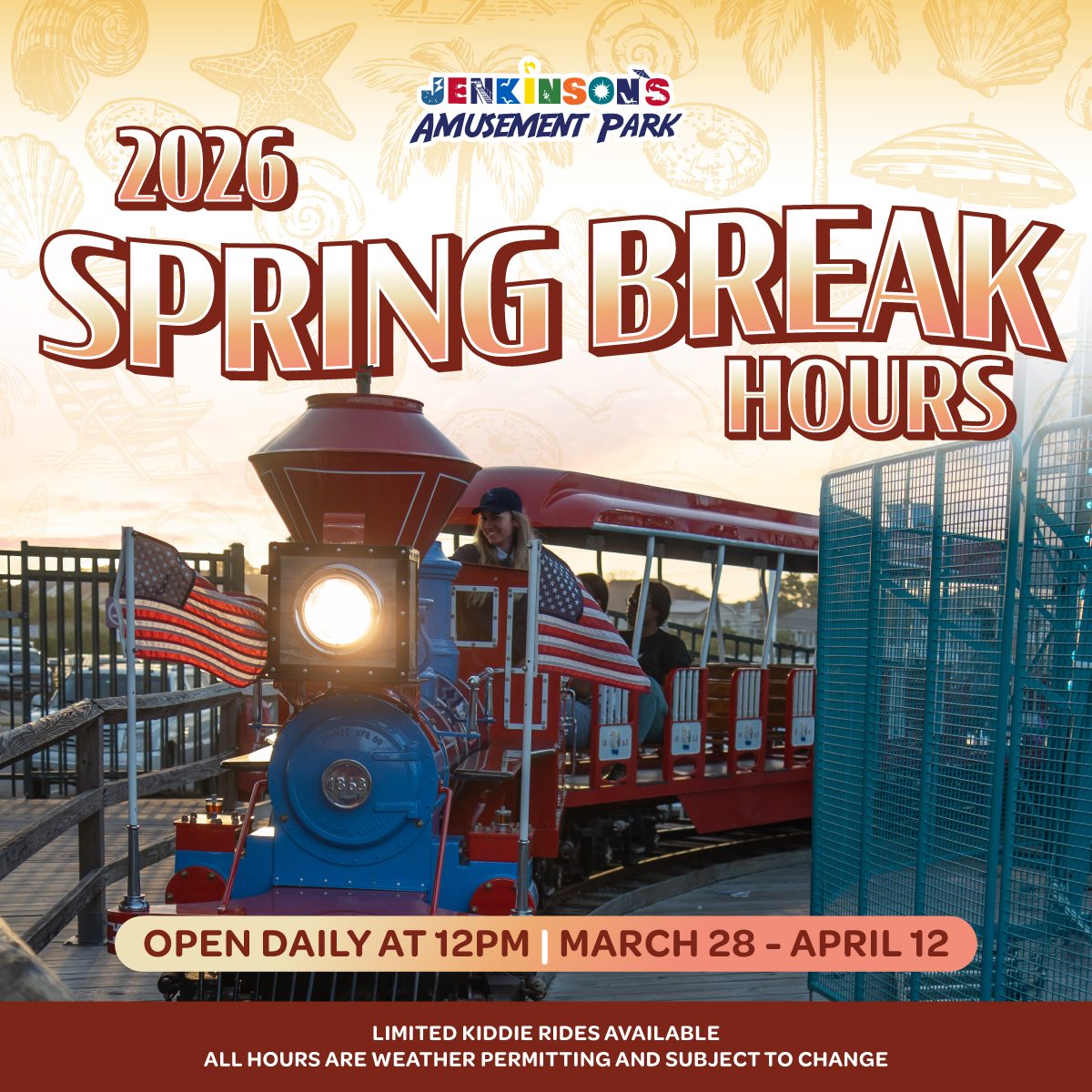 Jenkinson’s Boardwalk Amusement Park Spring Break hours train ride in Point Pleasant Beach