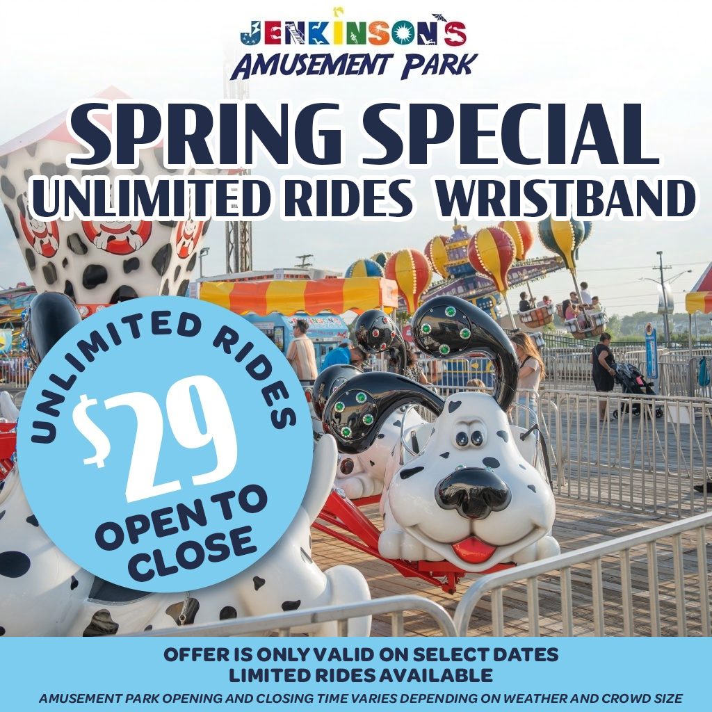 Jenkinson’s Boardwalk Spring Special unlimited rides wristband offer at the Amusement Park in Point Pleasant Beach