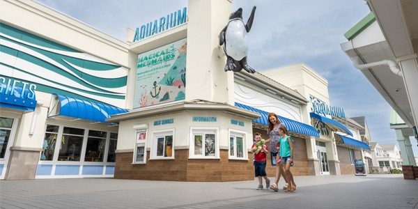 Family walking by the Aquarium on Jenkinson's Boardwalk. The kid (on the left in red shirt) is holding a turtle plush from the Jenkinson's Aquarium Gift Shop