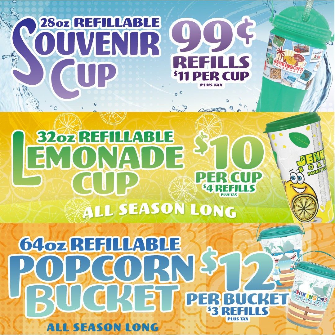 28oz Refillable Souvenir Cup
Stay cool all season long with our 28oz Refillable Souvenir Cup, featuring Coca-Cola products! Just $11 for the cup and enjoy 99¢ refills of your favorite sodas all summer long—refreshment and value in every sip.

32oz Refillable Lemonade Cup
When life gives you lemons…grab our 32oz Refillable Lemonade Cup for only $10! Enjoy delicious lemonade refills all season for just $4—perfect for sunny boardwalk days.

64oz Refillable Popcorn Bucket
Snack happy with our 64oz Refillable Popcorn Bucket! Pay $12 upfront, then refill it all season for just $3—ideal for family outings, movie nights, or just strolling the boardwalk with your favorite salty treat.