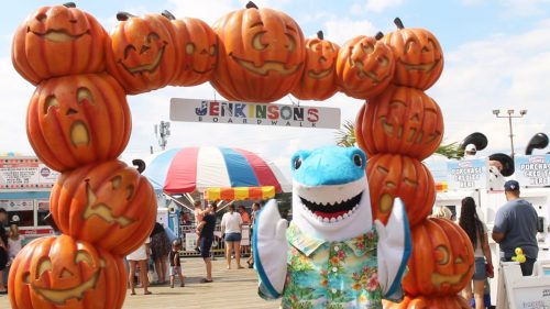 Fincent the Shark poses in front of a pumpkin arch to promote Boo at the Boardwalk.